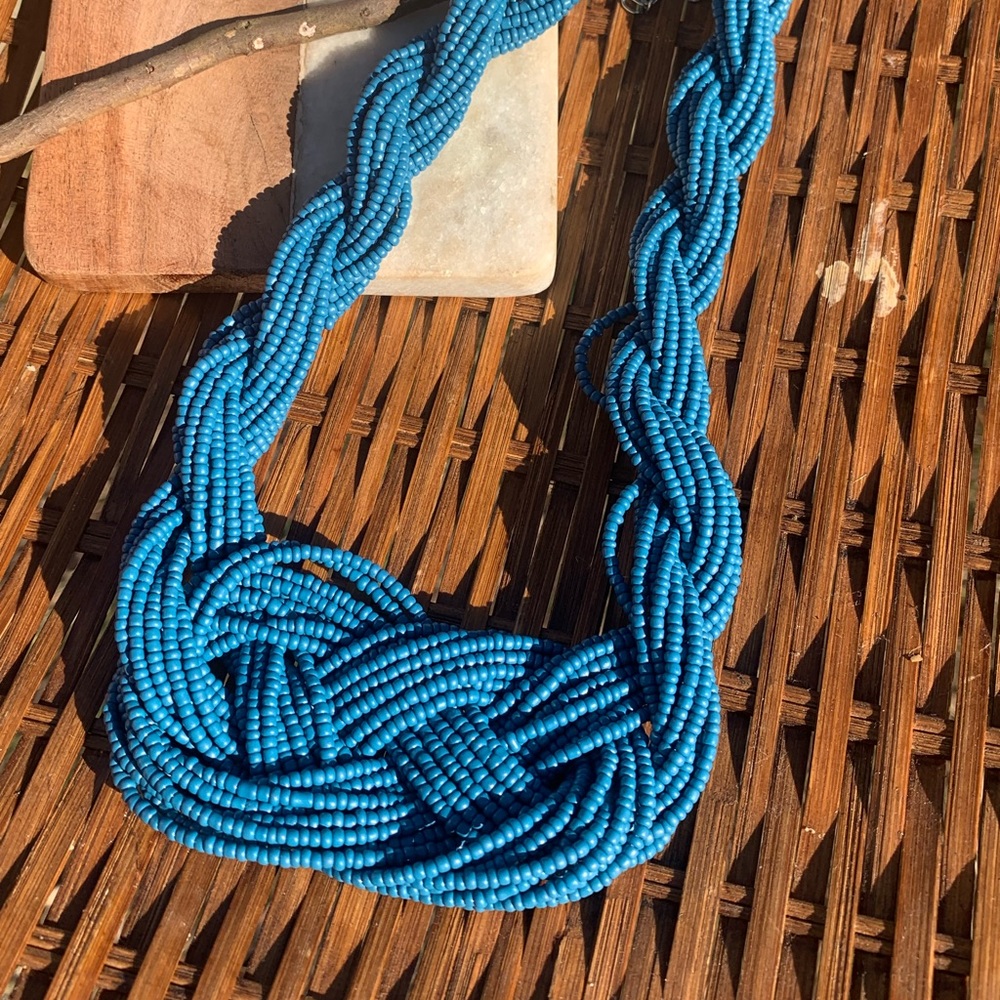 Bohemian Blue seeds braided necklace
